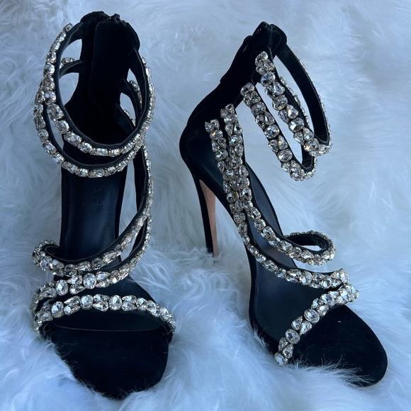 Aminah Abdul Jillil Soleil Tuxedo Sandal heel with embellished Crystals Sz-7M. M - Picture 3 of 15